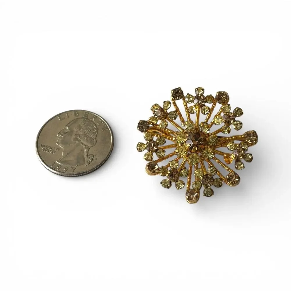Vintage Signed Austria Gold Tone Amber Rhinestone Flower Petals Brooch